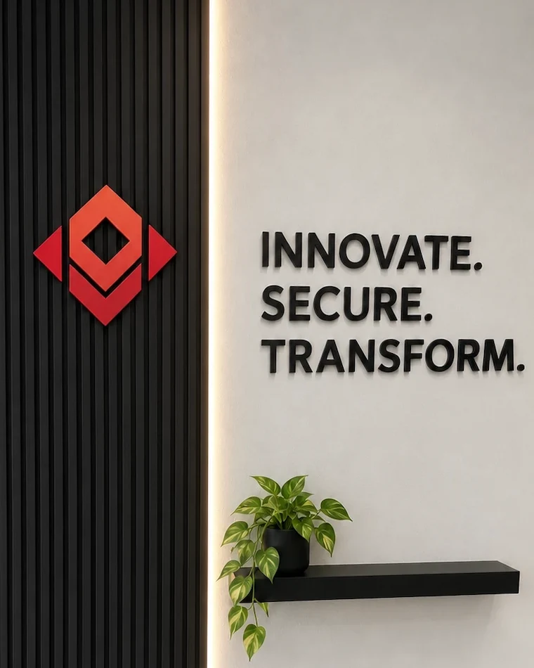 ผนังแบรนด์ในสำนักงาน NEFT Solution: Innovate. Secure. Transform.