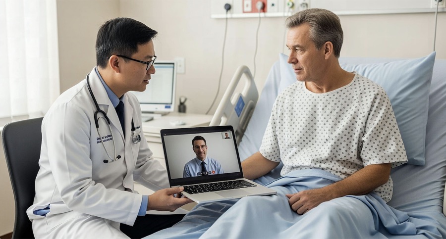 Doctor consulting patient via telehealth video call — AI Smart Hospital