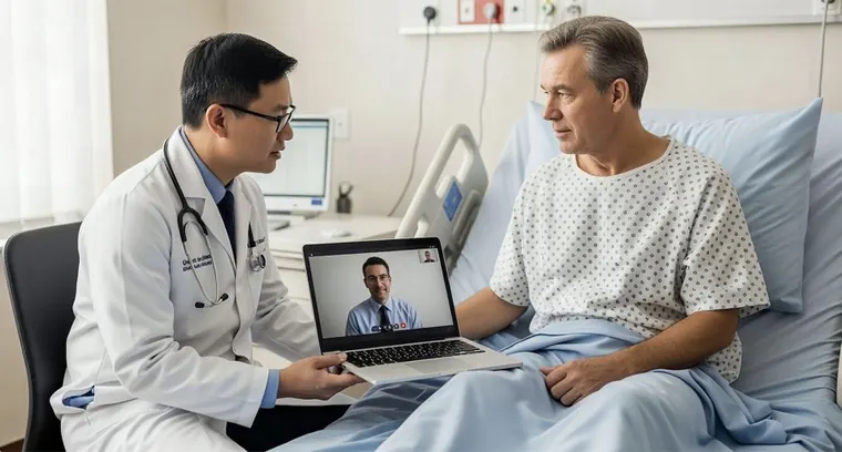 Doctor consulting patient via telehealth video call — AI Smart Hospital